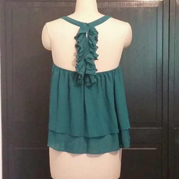 Lost April ruffle back teal Blouse - Picture 1 of 3
